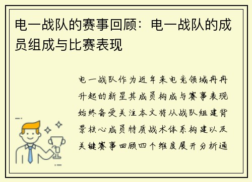 电一战队的赛事回顾：电一战队的成员组成与比赛表现