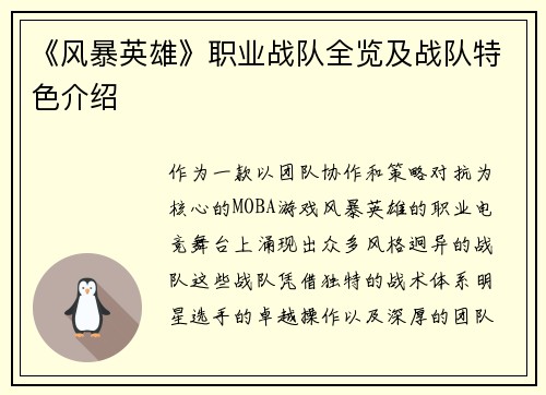 《风暴英雄》职业战队全览及战队特色介绍